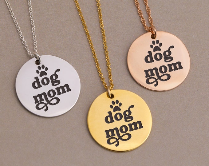 Dog Mom Gift Tag Necklace Rose Gold, Custom Engraved Pet Charm Pendant Necklace for Fur Mom for Christmas, Funny Unique Gift for Pet Mom