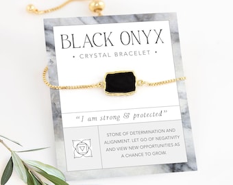 Black Onyx Protection & Strength Crystal Bracelet, Inspirational Empowering Affirmation Jewelry Gift for Sister Minimalist Handmade Bracelet
