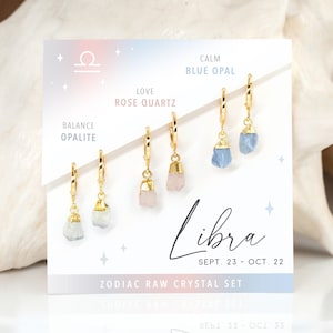 Libra Crystal Hoops, Dainty Raw Crystal Earring Set of 3, Huggie Hoops with Charm, Rose Quartz Opalite, October Birthday Gift for Sisters
