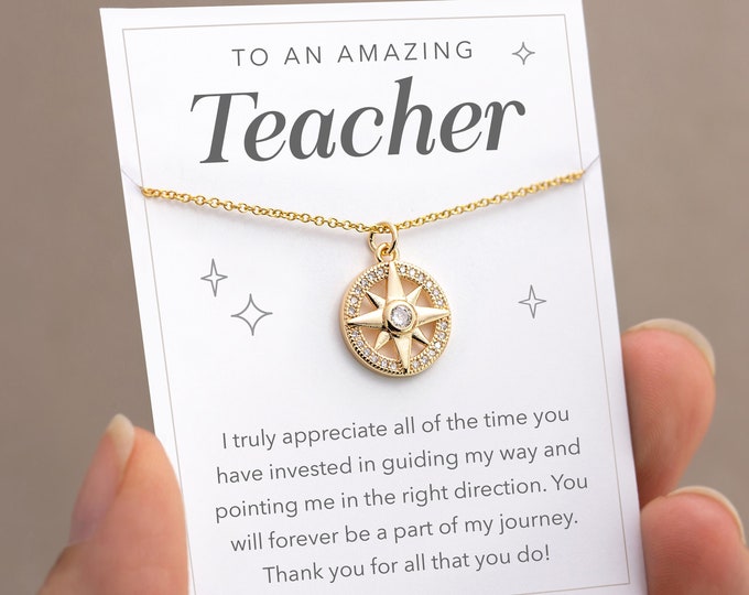 Teacher Appreciation Gift, To an Amazing Teacher Necklace, Dainty CZ Compass Charm, Thank You Gift for High School College Teacher Professor