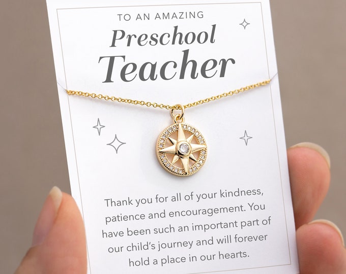 Preschool Teacher Appreciation Gift, Thank You Pre-K Teacher Gift Necklace on Card, Daycare Provider Gift, Unique CZ Compass Charm Necklace