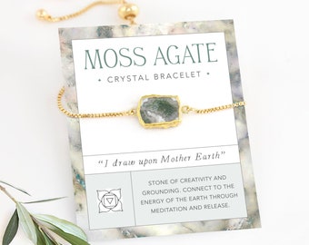 Moss Agate Gemstone Slice Bracelet, Cute Stacking Stretch Bracelet Adjustable Bolo, Affirmation Grounding Crystal Earthy Jewelry Sister Gift