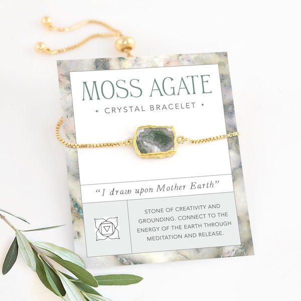 Moss Agate Gemstone Slice Bracelet, Cute Stacking Stretch Bracelet Adjustable Bolo, Affirmation Grounding Crystal Earthy Jewelry Sister Gift