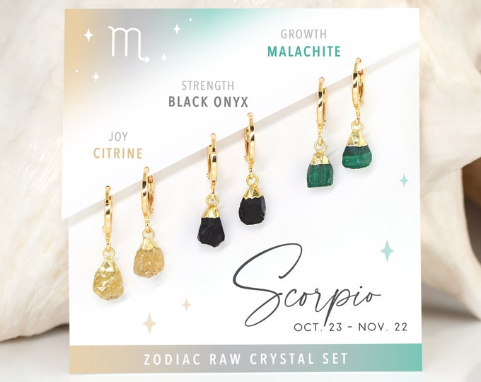 Scorpio Jewelry, Raw Crystal Set of Huggie Hoops Gold, Earrings with Tiny Gemstone Charms Cute Fun Jewelry for Teens, Birthstone Zodiac Gift