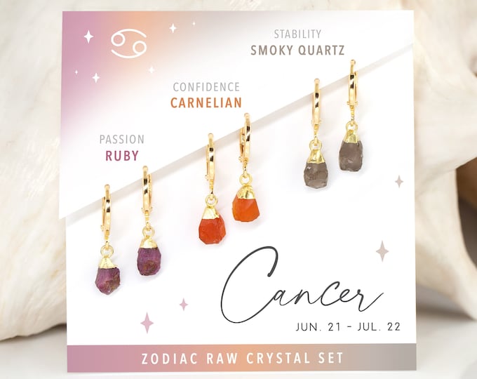 Earring Gift Set for Cancer Zodiac, Tiny Raw Crystal Huggie Hoops Gold, Dainty Birthstone Mix & Match Everyday Earrings, Ruby Summer Jewelry