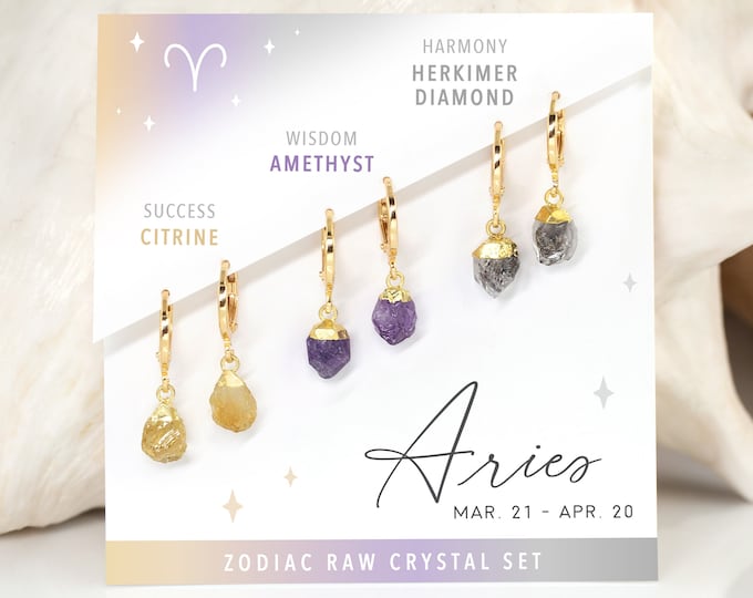 Aries Hoop Earrings Set, Raw Crystal Set for Aries, Huggie Dangle Earrings with Charm, Amethyst Citrine Genuine Gemstones, Mix & Match Hoops