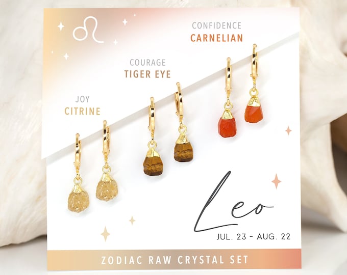 Leo Crystal Huggie Hoop Set, Summer Jewelry Zodiac Birthday Gift, Natural Raw Crystal Gemstone Birthstones, Hoop Charm Earrings Mix & Match