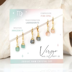 Virgo Huggie Set, Dainty Raw Crystal Hoops, Everyday Earring Gift Set, Zodiac Astrology Crystal Set for Virgos, Handmade Summer Jewelry Gift