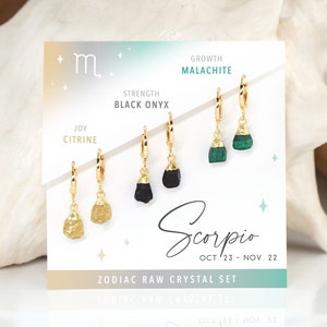 Scorpio Jewelry, Raw Crystal Set of Huggie Hoops Gold, Earrings with Tiny Gemstone Charms Cute Fun Jewelry for Teens, Birthstone Zodiac Gift