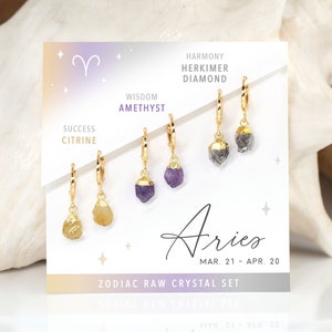 Aries Hoop Earrings Set, Raw Crystal Set for Aries, Huggie Dangle Earrings with Charm, Amethyst Citrine Genuine Gemstones, Mix & Match Hoops
