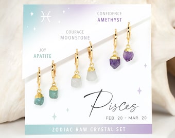 Pisces Crystal Huggies, Dangle Hoop Earrings Set, Raw Crystal Moonstone Amethyst Birthstone, Trendy Zodiac Astrology Jewelry Gift Young Girl