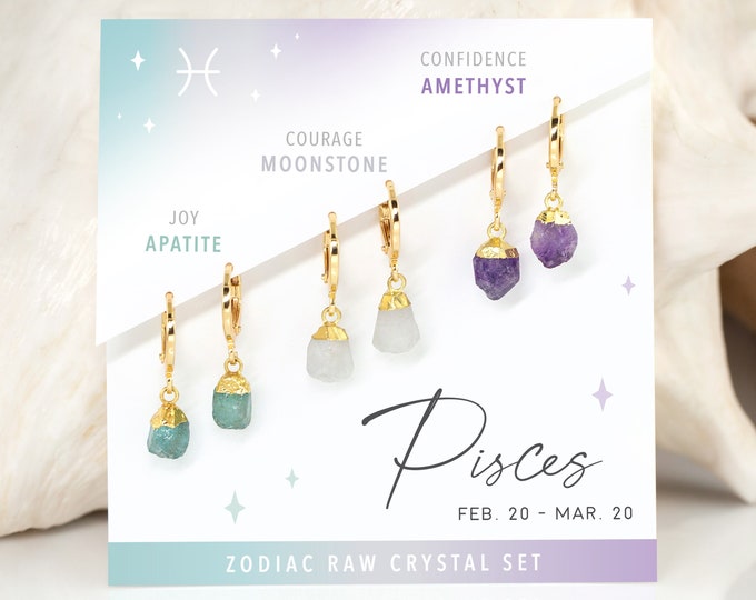 Pisces Crystal Huggies, Dangle Hoop Earrings Set, Raw Crystal Moonstone Amethyst Birthstone, Trendy Zodiac Astrology Jewelry Gift Young Girl