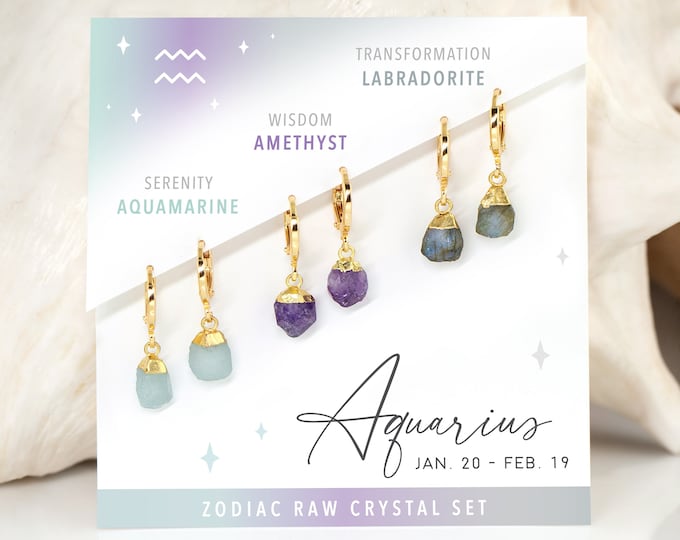 Charm Earrings Set, Dainty Amethyst Aquamarine Labradorite Crystal Jewelry Gift for Aquarius, Stacking Huggie Hoop Earrings, Zodiac Jewelry