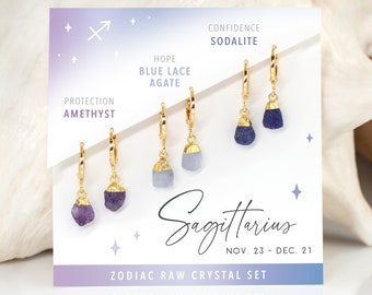 Tiny Crystal Everyday Huggie Hoops Set, Gift for Sagittarius Crystal Earrings, Handmade Jewelry Minimalist Real Gemstones, Celestial Zodiac