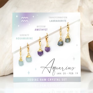 Charm Earrings Set, Dainty Amethyst Aquamarine Labradorite Crystal Jewelry Gift for Aquarius, Stacking Huggie Hoop Earrings, Zodiac Jewelry