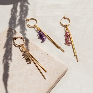 Dangle Charm Hoop Earrings, Gold Long Bar Drop Beaded Crystal Huggie Hoops, Lightweight Tassel Natural Gemstone Birthstones, Jewelry Gift