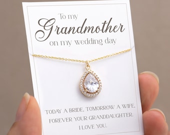 Grandmother of the Bride Wedding Day Necklace Gift, Wedding Gift for Grandma, Rehearsal Dinner Bridal Party Jewelry, Crystal Necklace Gold