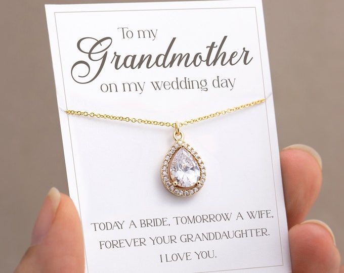 Grandmother of the Bride Wedding Day Necklace Gift, Wedding Gift for Grandma, Rehearsal Dinner Bridal Party Jewelry, Crystal Necklace Gold