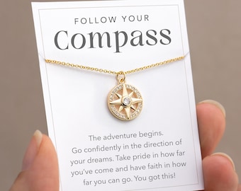 Follow Your Compass Necklace, New Beginnings Graduation Gift, Necklace on Card, College, High School Graduating Senior Gift for Girl Custom