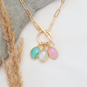 Christmas Gift, Family Birthstone Paperclip Chain Necklace, Toggle T Clasp Charm Pendant, Personalized Jewelry Gift from Son, Gold Silver