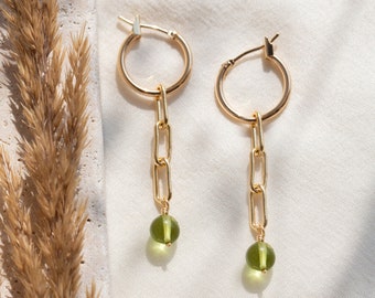 Peridot Crystal Hoops, Lightweight Everyday Charm Huggies, August Birthstone Jewelry Gift, Chain Drop Dangle Earrings, Summer Jewelry Trends