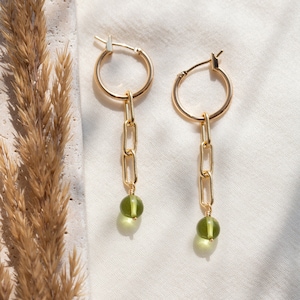 Peridot Crystal Hoops, Lightweight Everyday Charm Huggies, August Birthstone Jewelry Gift, Chain Drop Dangle Earrings, Summer Jewelry Trends