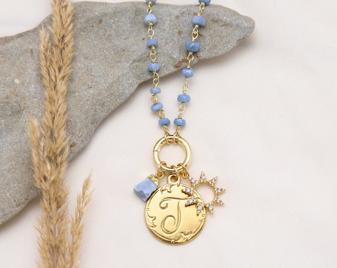 Custom Initial Charm Necklace Beaded Blue Opal Chain, Something Blue Crew Jewelry Bridesmaid Gift, Monogram Pendant Crystal Choker Carabiner