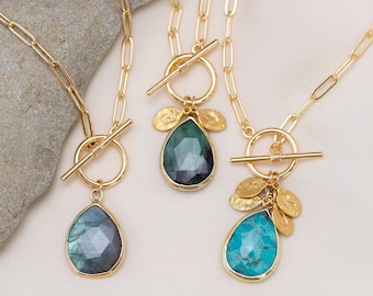 Personalized Charm Necklaces, Paperclip Chain Natural Gemstone Pendant, Monogram Initial and Birthstone Necklace, Gift for Daughter, New Mom