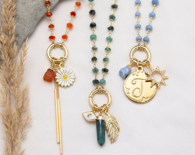 Colorful Beaded Charm Necklaces, Build Your Own Custom Initial Birthstone Charms, Carnelian Opal Emerald Chunky Layering Chain Birthday Gift
