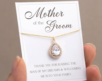 Mother of the Groom Necklace, Thank You for Raising the Man of my Dreams, CZ Drop Necklace, Mother in Law Necklace Gift, Wedding Day Jewelry