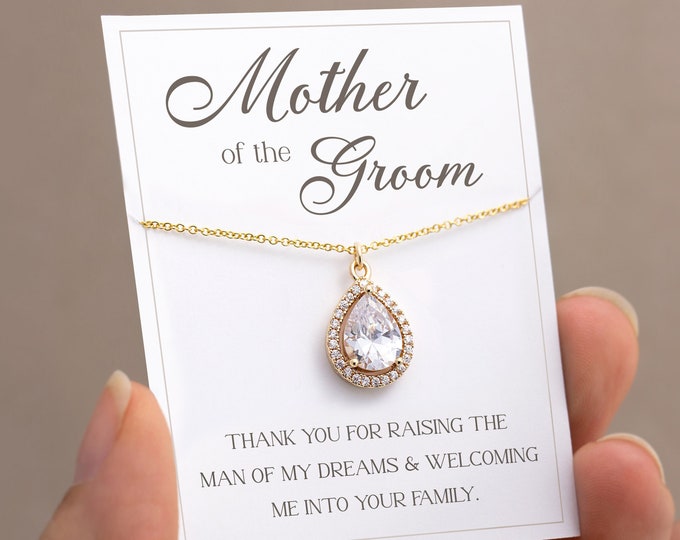 Mother of the Groom Necklace, Thank You for Raising the Man of my Dreams, CZ Drop Necklace, Mother in Law Necklace Gift, Wedding Day Jewelry