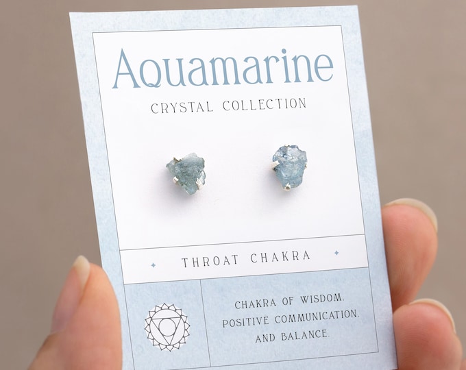 Raw Rough Natural Aquamarine Crystal Stud Post Sterling Silver Earrings Ready to Gift for March Birthday Gift, Tiny Claw Cartilage Studs