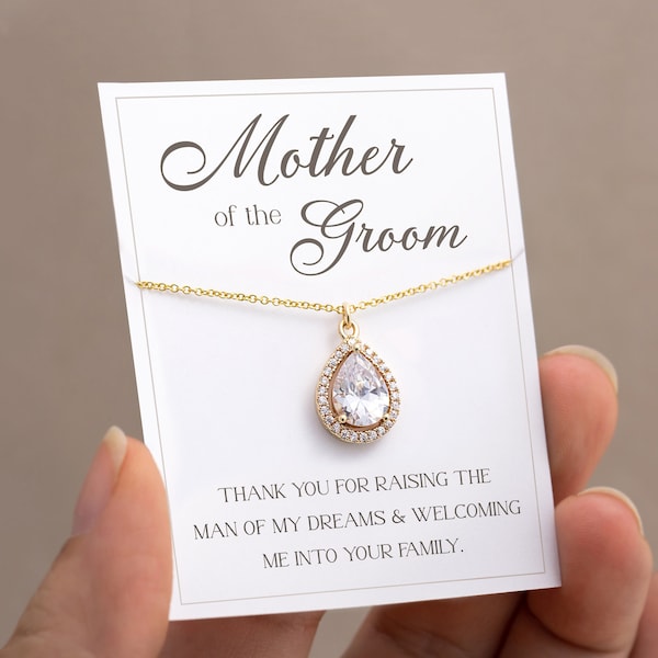 Mother of the Groom Necklace, Thank You for Raising the Man of my Dreams, CZ Drop Necklace, Mother in Law Necklace Gift, Wedding Day Jewelry