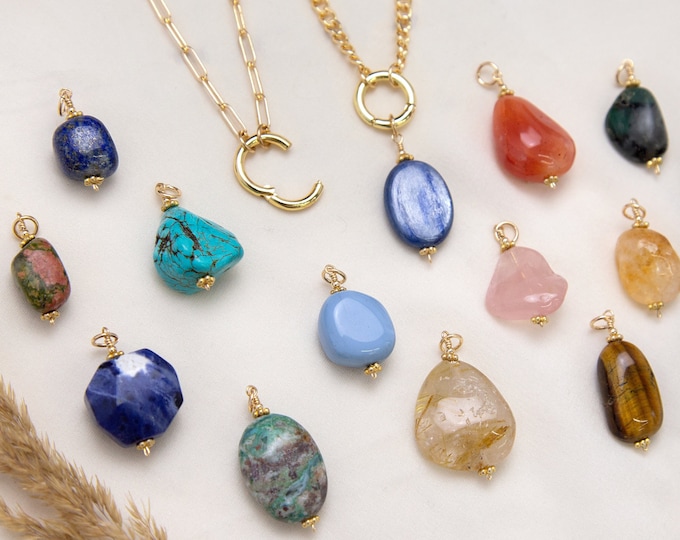 Add on Real Crystal Charm, Large Gemstone Pendant Gold Carabiner Clasp Charm Necklace, Tumbled Polished Natural Single Stone, Curb Paperclip