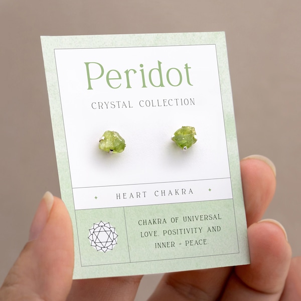 Cute Birthday Gift, August Peridot Birthstone Studs, Heart Chakra Raw Crystal Earrings 925 Silver, Jewelry on Card, Dainty Gemstone Studs