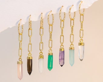 Paperclip Chain Drop Earrings, Colorful Crystal Gemstone Spike Hoops, Dangle Charm Huggies, Lightweight Statement Earrings, Bridesmaid Gifts