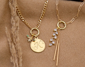 Build Your Own Custom Charm Necklace, DIY Gold Charm Necklace, Chunky Paperclip Curb Chain Carabiner Clasp Vintage Initial Crystal Gemstone