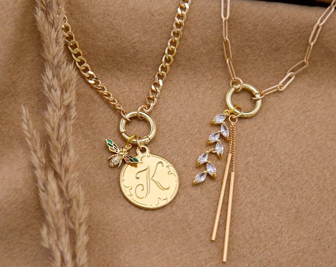 Build Your Own Custom Charm Necklace, DIY Gold Charm Necklace, Chunky Paperclip Curb Chain Carabiner Clasp Vintage Initial Crystal Gemstone