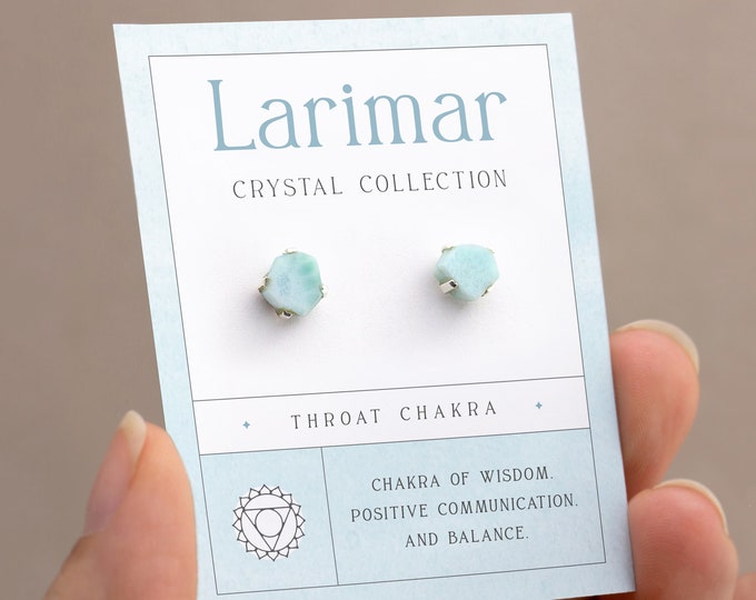 Real Gemstone Studs, Dainty Larimar Sterling Silver Earrings, Something Blue Crew Bridesmaid Gift, Birthday Gift for Daughter Raw Crystals