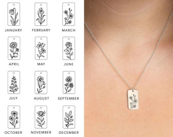 Birth Month Flower Tag Necklace, Birth flower necklace Gift for Her Personalized, Silver Rectangle Charm Pendant Necklace, BFF Sister Gifts