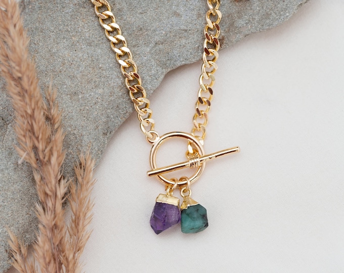 Custom Crystal Toggle Necklace, Family Birthstone Charms Jewelry Gift for Mom, Trendy Chunky Thick Layering Chain, Raw Cut Genuine Gemstones