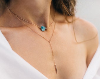 Set of 2, Layered Set, Crystal Necklace, Rose Gold Filled Chains, Raw Crystal Necklace, Minimal Simple, Layering Necklace, Aqua Blue Jewelry