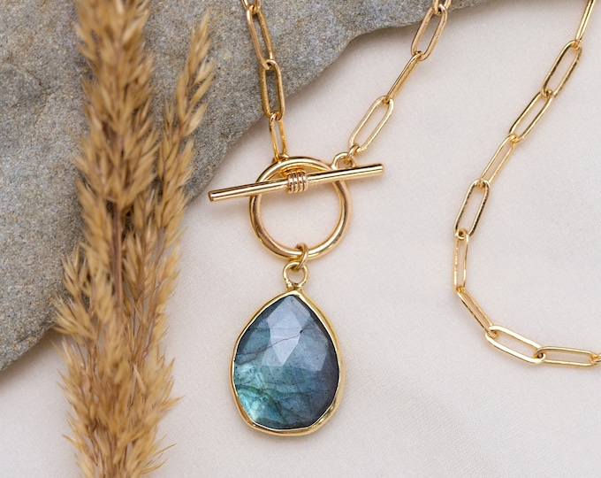 Labradorite Toggle Charm Necklace, Chunky Paperclip Chain Choker, Gemstone Pendant Layering Necklace, Trendy Statement Jewelry Daughter Gift