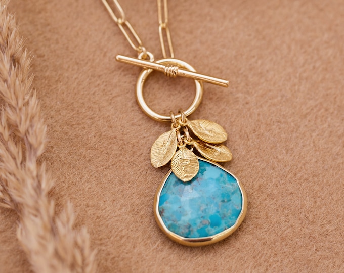Personalized Turquoise Charm Necklace, Gold or Silver Paperclip Chunky Chain Toggle, Family Initial Charm Necklace, Genuine Gemstone Pendant
