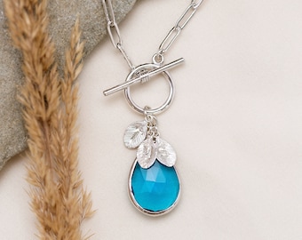 Custom Silver Paperclip Toggle Necklace, Initial Name & Birthstone Charm Pendant Necklace, Trendy Gift for Mom, Gemstone Layering Jewelry