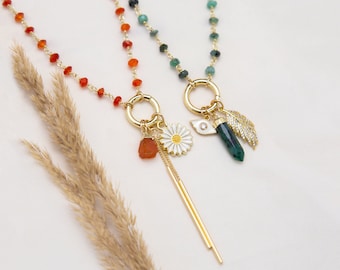 Carabiner Charm Necklace with Beaded Chain, Custom Chunky Charm Necklaces, Rosary Chain Choker, Emerald Carnelian Aquamarine Birthstone Gift