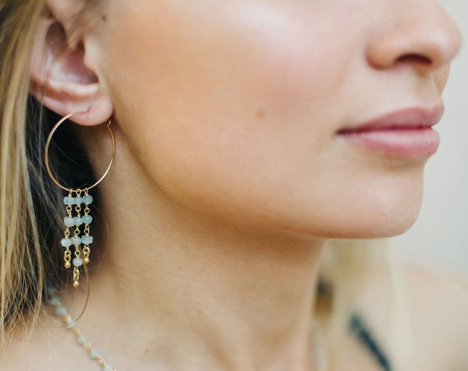 Bridal Hoops, Aquamarine Gemstone Tassel Earrings, Fringe Earrings, Bridesmaid Gift Hoop Earrings, Delicate Birthstone Hoops, Wire Wrapped