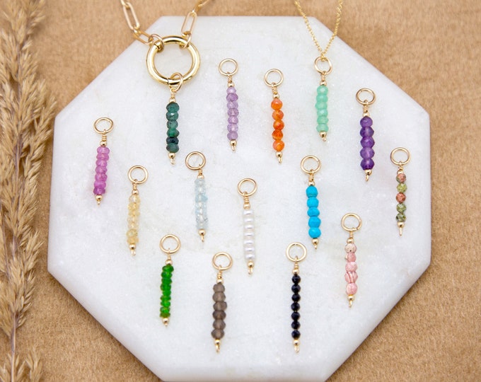 Add on Beaded Crystal Charm, Tiny Genuine Gemstones, Minimalist Dainty Colorful Crystal Birthstones, Carabiner Toggle Clasp Charm Necklace