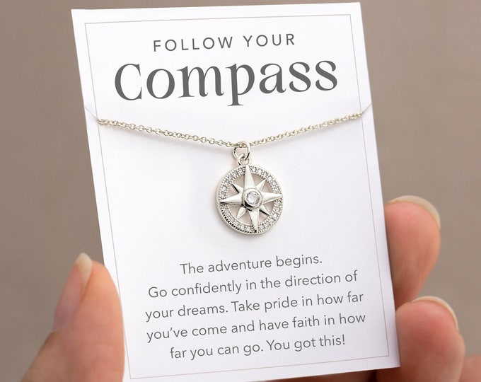 Follow Your Compass Necklace, New Beginnings Graduation Gift, Necklace on Card, College, High School Graduating Senior Gift for Girl Custom