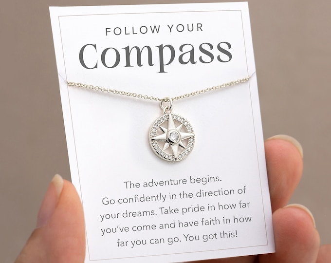 Follow Your Compass Necklace Silver, New Beginnings Graduation Gift, Necklace on Card Custom, College High School Graduating Senior Gift